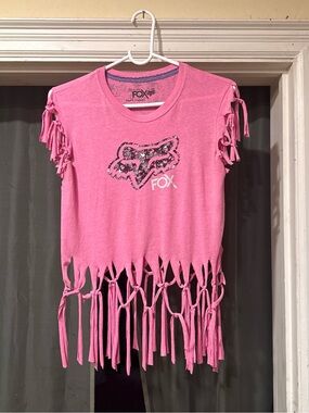 Fox Girls Pink Fringe Sleeve & Hem Tee